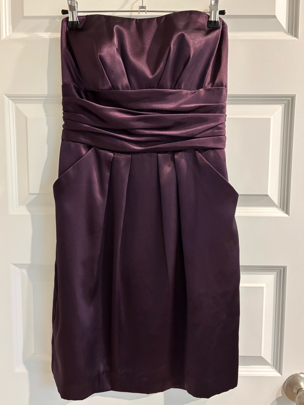 David’s Bridal Plum Satin Strapless Cocktail Dress with Pockets – Size 6